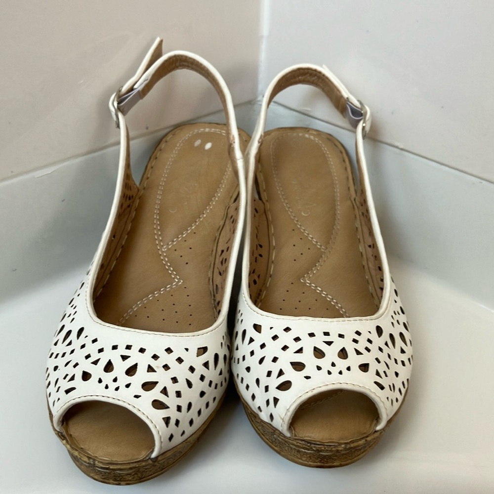 White and Tan Wedge Sandals with Perforated Design